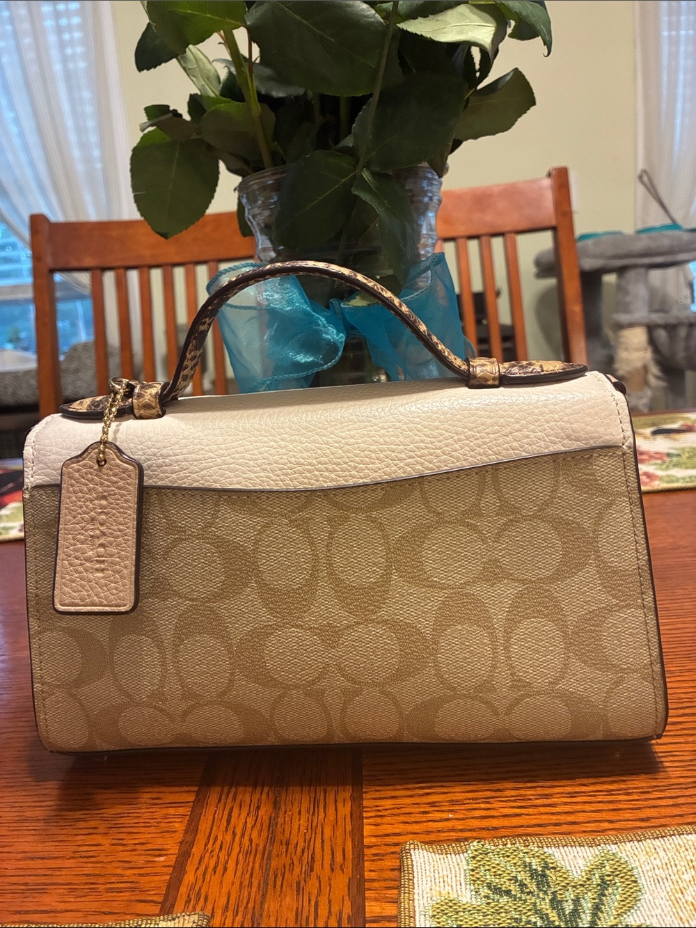 Coach Beige Signature Canvas Satchel with White Flap and Snake-Print Trim CA427 - Picture 2 of 9